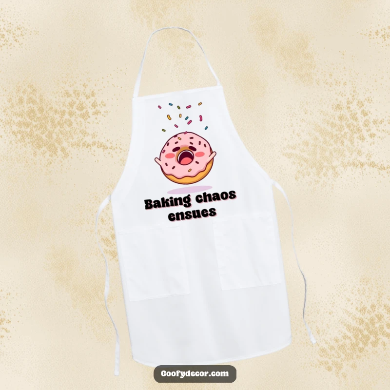 Funny apron with a startled donut character experiencing a sprinkle explosion while in the kitchen.