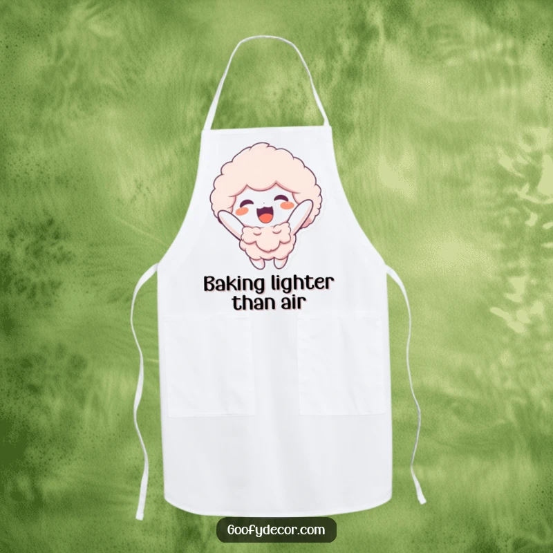 Funny apron with a fluffy character cheerfully floating upwards, ready to add charm and whimsical energy to any cooking or crafting session.