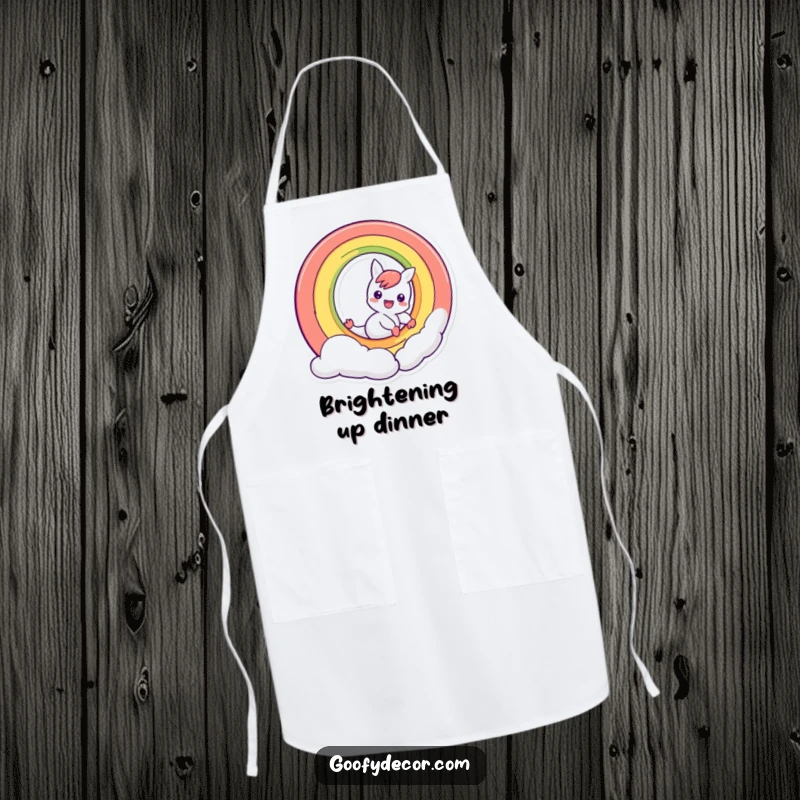 Funny mischievous rainbow character sliding down its own arc, a humorous and functional apron for colorful adventures.