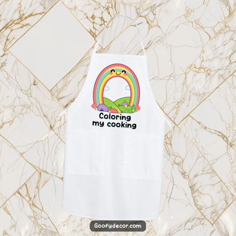 Funny playful rainbow apron showing a smiling rainbow over a landscape, perfect for keeping clothes clean with colorful cheer.