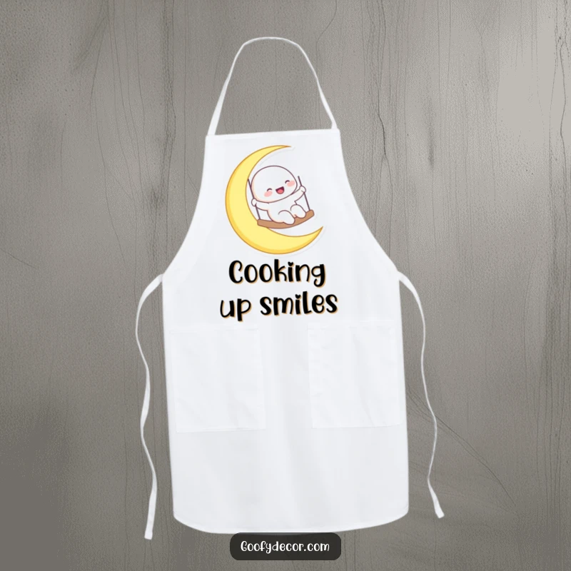 Funny laughing moon character swinging on a crescent moon, printed on a kitchen apron for celestial cooking fun.