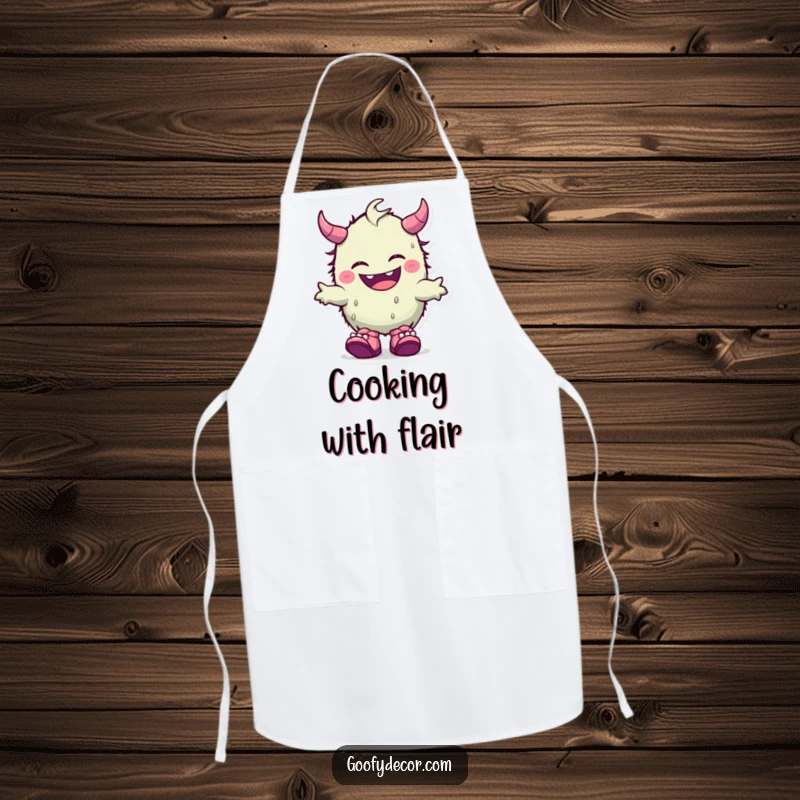 Funny apron design of a giggling kawaii monster proudly showcasing its fun, mismatched shoes while cooking with glee.
