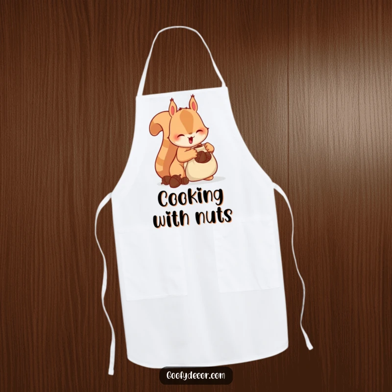 Funny Squirrel Apron with a happy squirrel stuffing acorns into a tiny bag, designed for humorous and prepared kitchen activities.