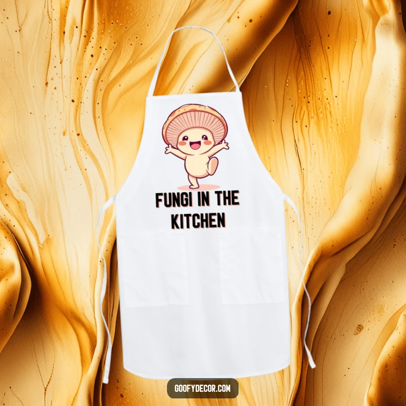 Funny apron with a smiling mushroom character doing a cartwheel, ideal for kitchen activities and energetic fun.
