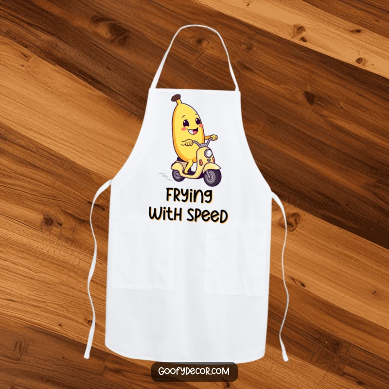 Funny apron featuring a grinning banana riding a scooter, ideal for kitchen adventures and humorous culinary creativity.