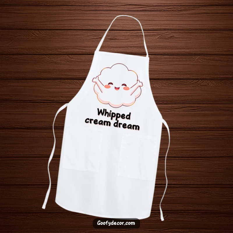 Funny apron with a happy cloud character floating blissfully, ideal for kitchen tasks and adding cheerful vibes.