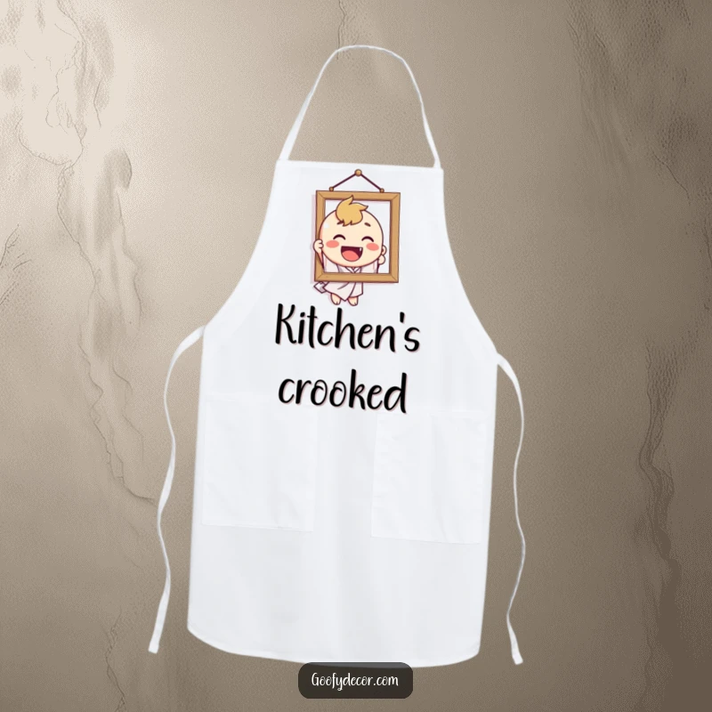 Funny apron showing a delighted character hilariously attempting to hang a crooked picture, a humorous kitchen accessory.