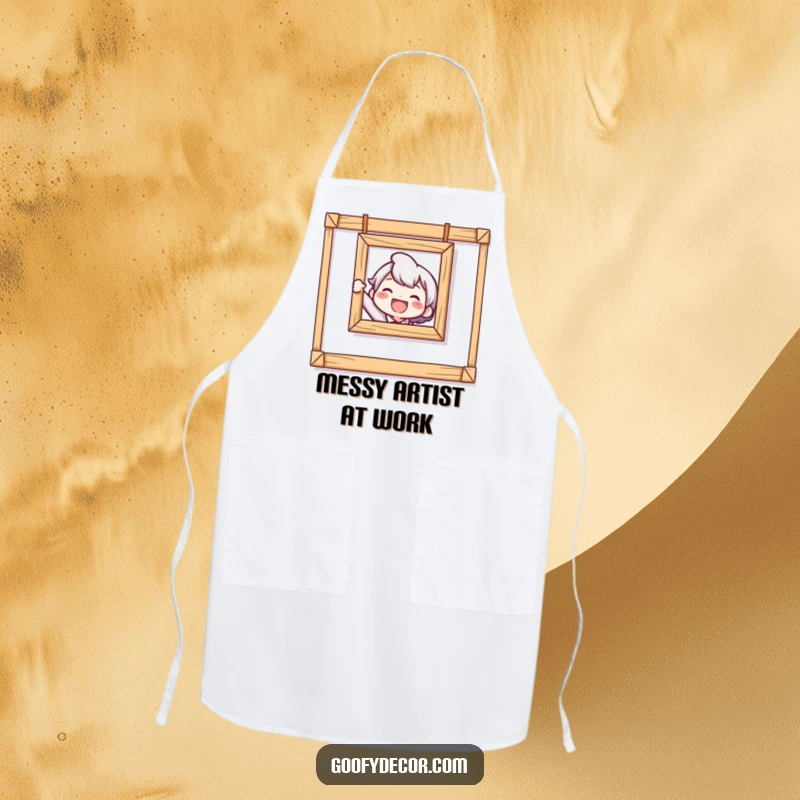 Funny Crooked Picture Apron with a delighted character attempting to hang a picture that is comically off-center.