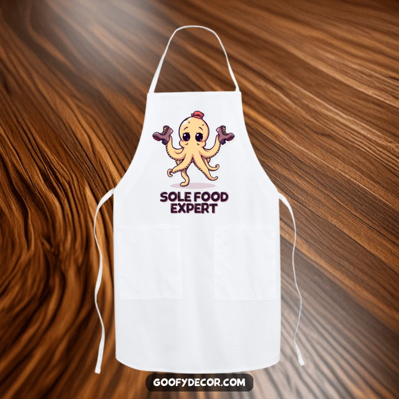 Funny goofy octopus character juggling three mismatched boots on a kitchen apron, great for culinary chaos.