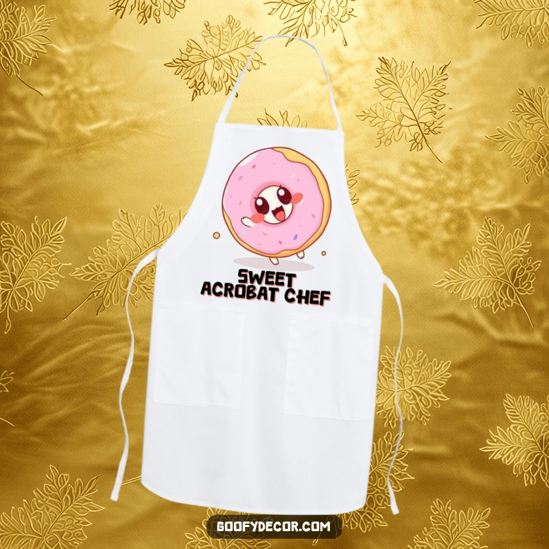 Funny Kawaii Donut Apron: A cute and practical apron featuring a cartoon donut joyfully attempting a somersault, ideal for kitchen fun.