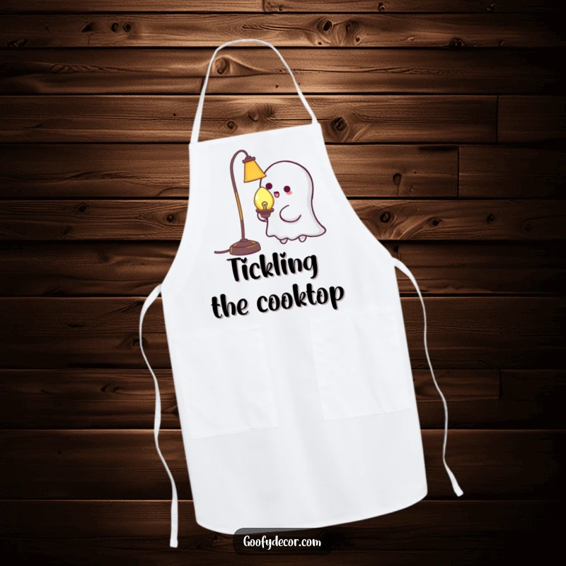 Funny Kawaii Ghost Tickling Lamp Apron: Humorous apron featuring a cute ghost playfully tickling a lamp, perfect for chefs and home cooks. A great funny gift.
