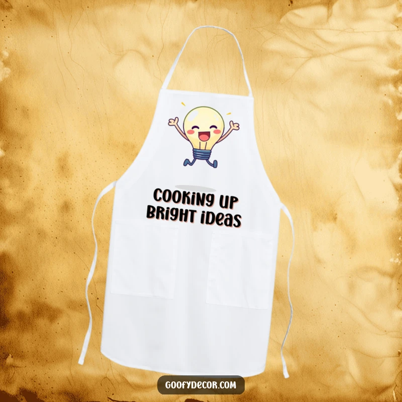 Funny kawaii lightbulb character bursting with light, performing an energetic leap, on a durable kitchen apron.