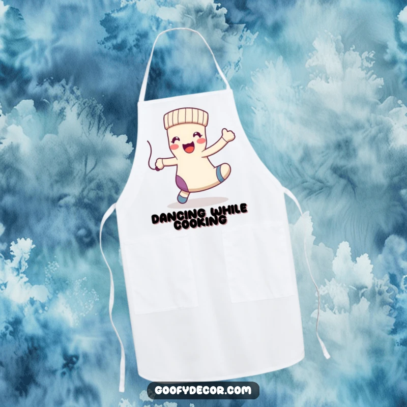 Funny kawaii happy sock character dancing with a dangling string, printed on a fun kitchen apron.