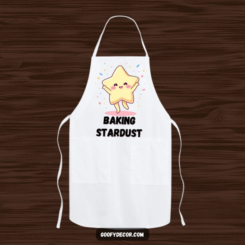 Funny apron design of a cheerful kawaii star dancing joyfully, scattering confetti while adding flair to cooking.
