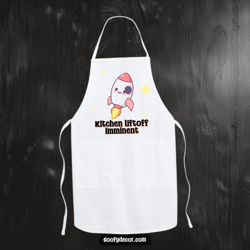 Funny apron with a tiny, happy rocket character zooming across a starry background, making kitchen tasks exciting.