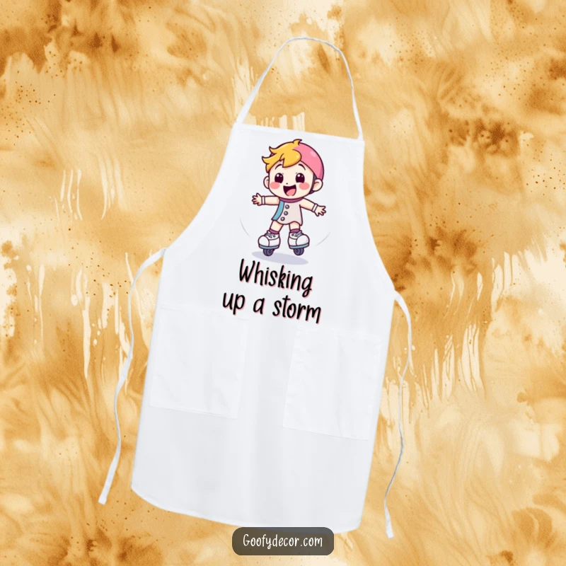 Funny apron featuring a happy roller skate character spinning, designed for kitchen use with a theme of energetic fun.