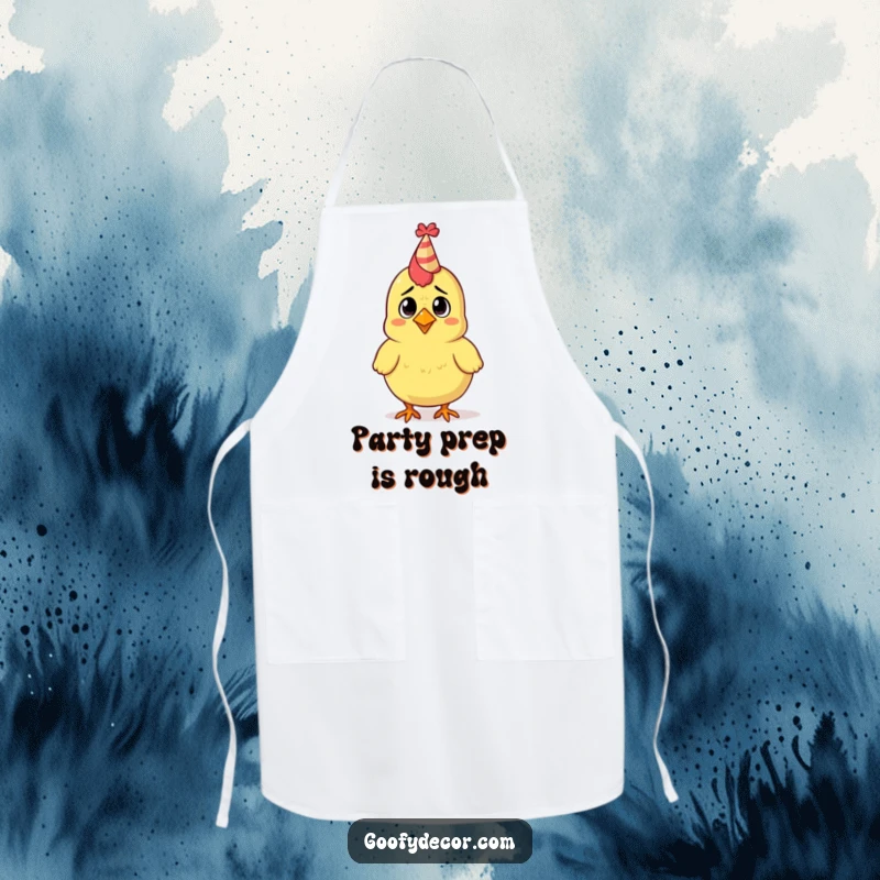 Funny apron with a confused rubber chicken character sporting a tiny party hat while in the kitchen.