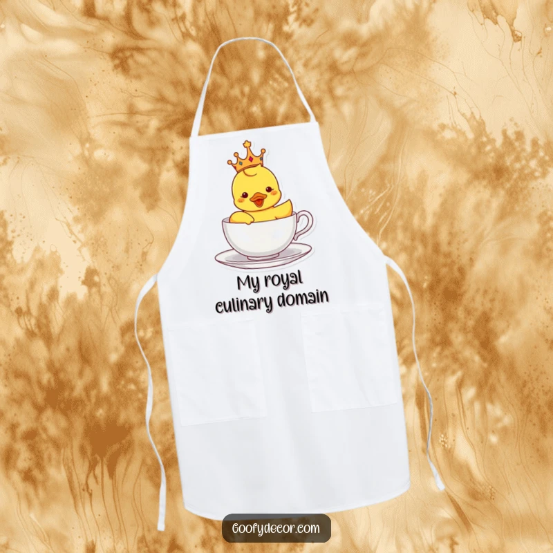 Funny apron featuring a crowned rubber ducky sailing in a teacup, designed for cooking and baking with a royal and whimsical theme.