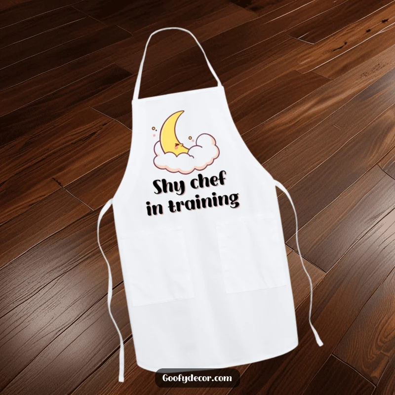 Funny shy moon apron showing a timid crescent moon peeking from a cloud, perfect for keeping clothes clean with gentle style.