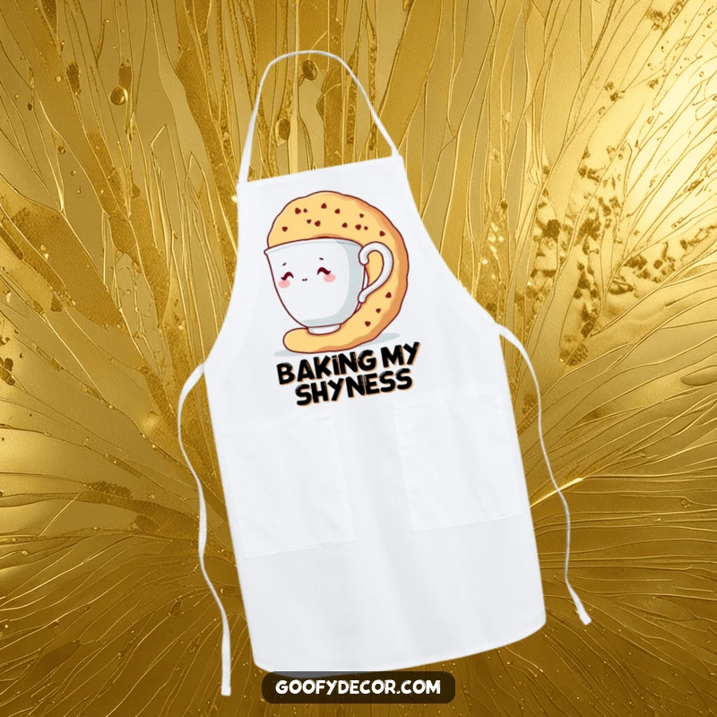 Funny apron with a shy teacup character hiding behind a giant biscuit while in the kitchen.