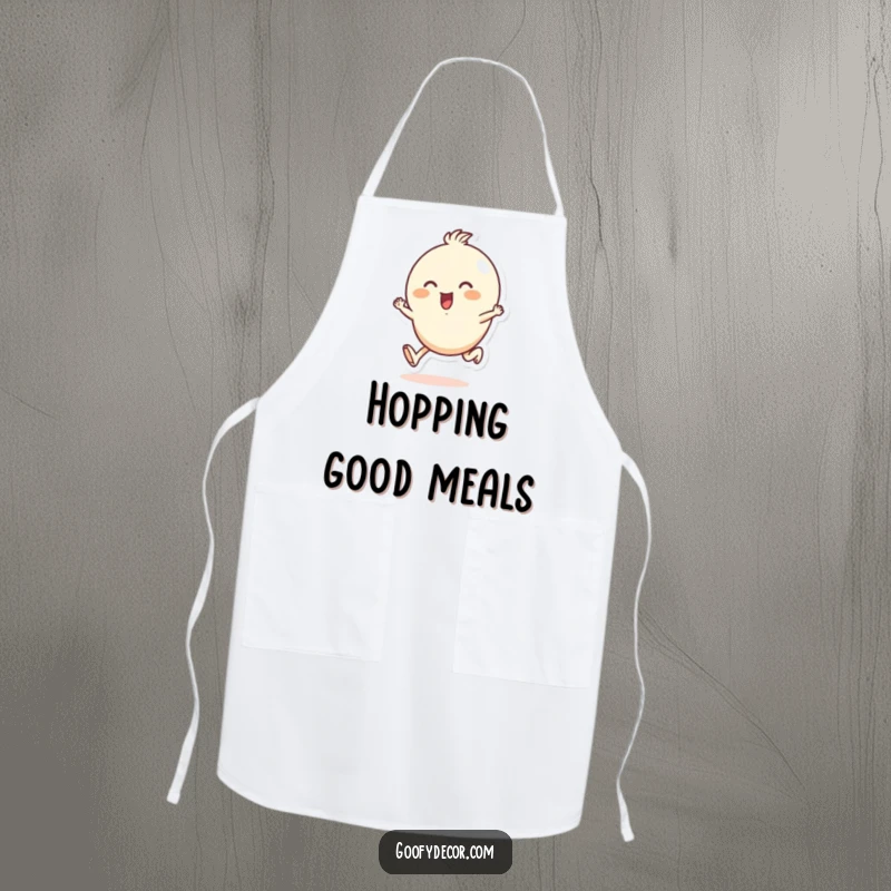 Funny apron with a small, round character enthusiastically skipping, ready to add cheer and playful energy to any cooking or crafting session.