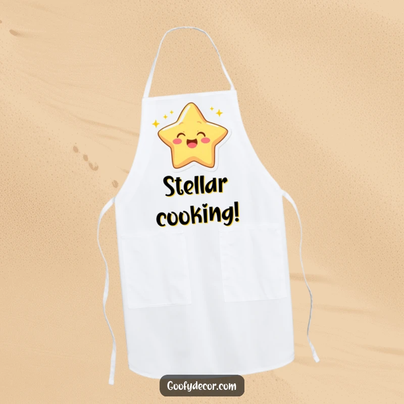 Funny apron showing a cheerful star character winking with twinkling rays.