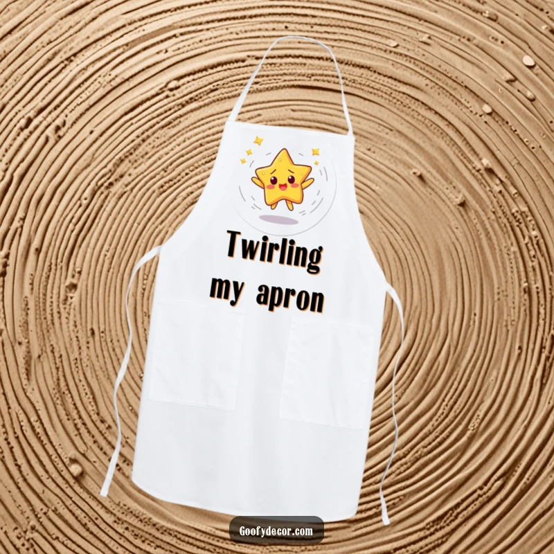 Funny apron showing a startled star character spinning rapidly in a dizzying dance, perfect for mess-free cooking.