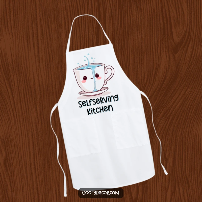 Playful teacup character pouring sparkling water, embroidered on a functional kitchen apron.