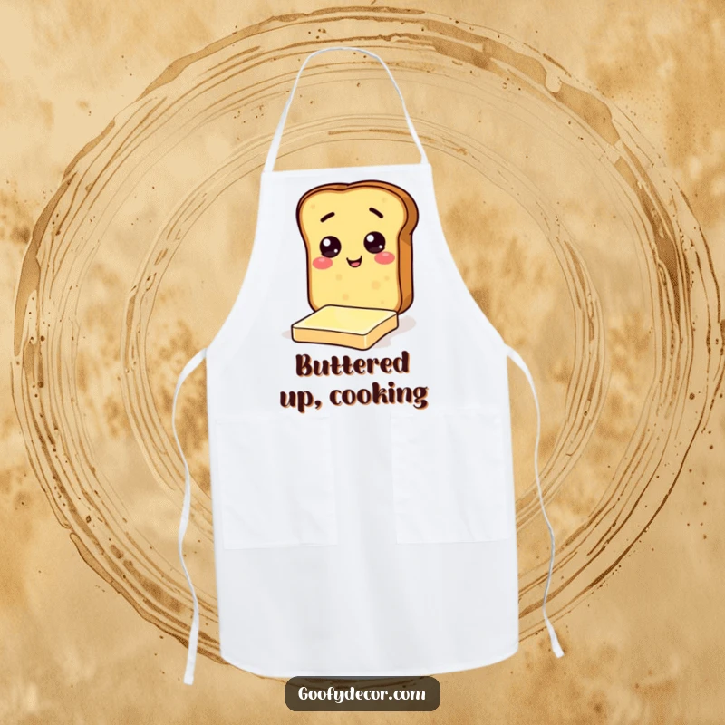 Funny apron with a cheerful toast character sliding on butter, ideal for kitchen antics and humorous culinary experiences.