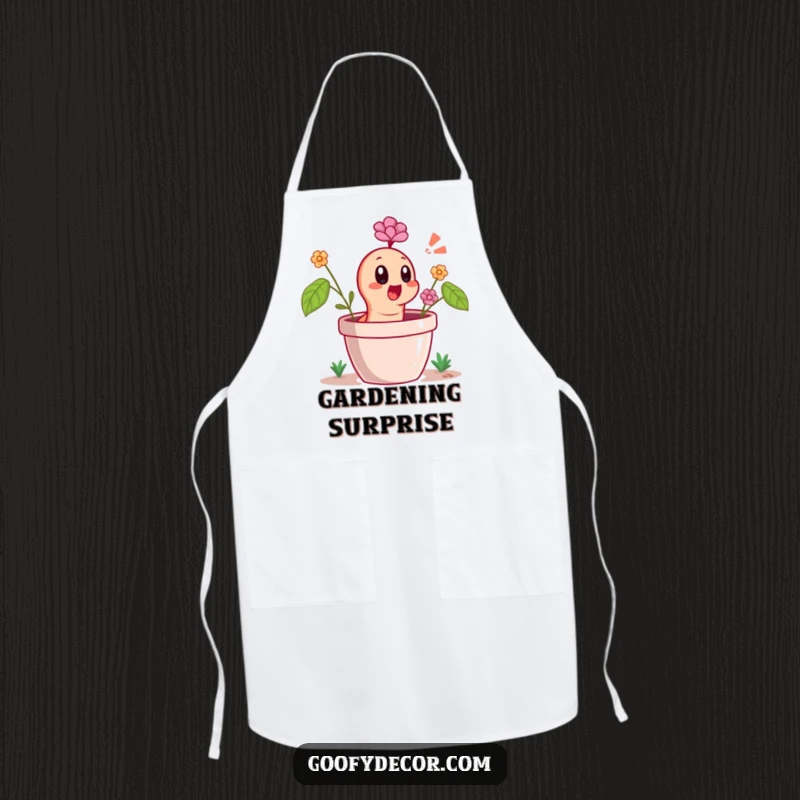 Funny Apron showcasing a cheerful worm character popping out of a flower pot with a surprised gasp, ready for gardening fun.