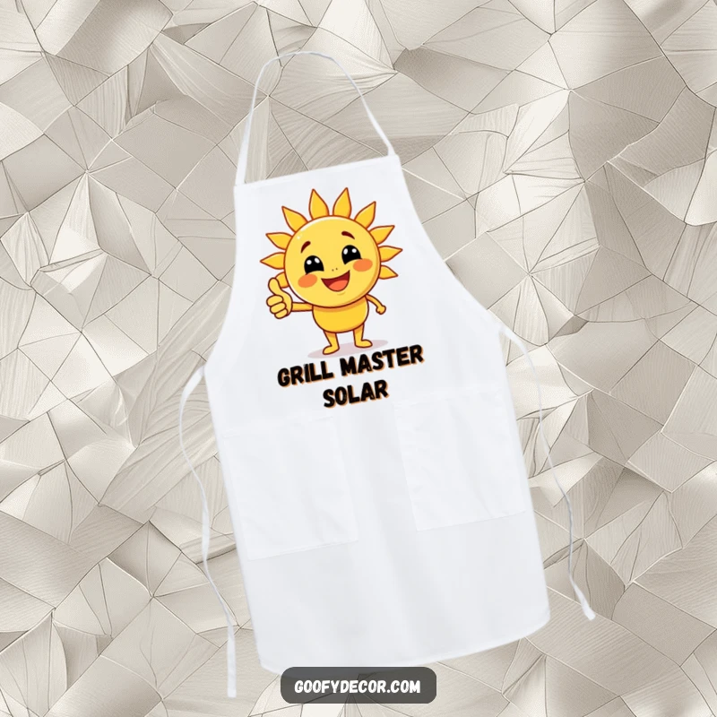 Funny joyful sun character with beaming rays giving a thumbs up on a kitchen apron, perfect for sunny culinary endeavors.