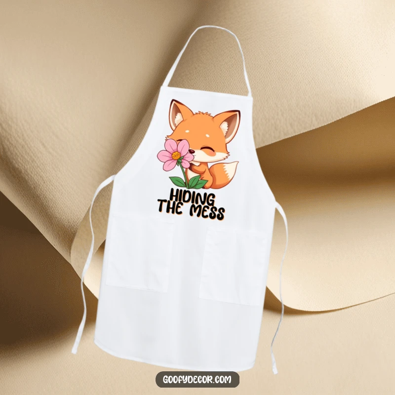 Funny winking fox peeking from behind a flower, on a durable apron, perfect for cooking with a funny, playful attitude.
