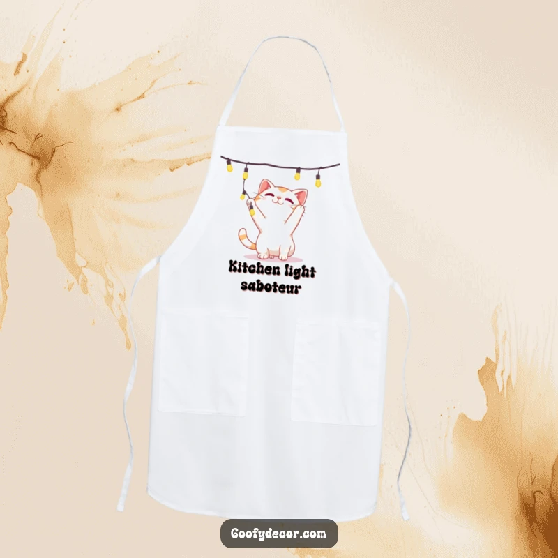 Funny apron featuring a playful cat character batting enthusiastically at a dangling string of shiny lights, perfect for kitchens.
