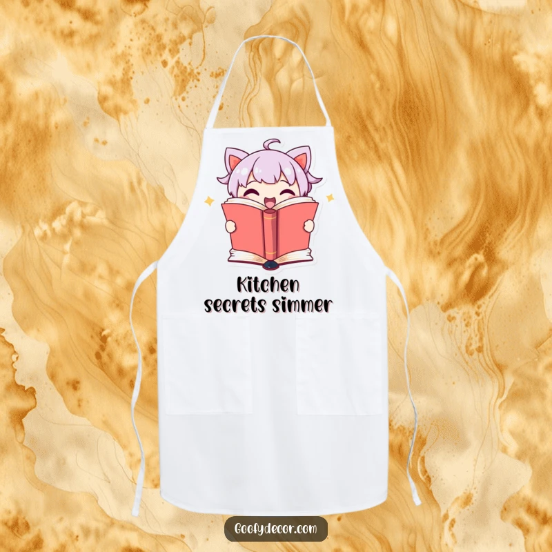 Funny apron depicting a cute book character excitedly opening its pages to reveal a secret, ideal for kitchen fun.