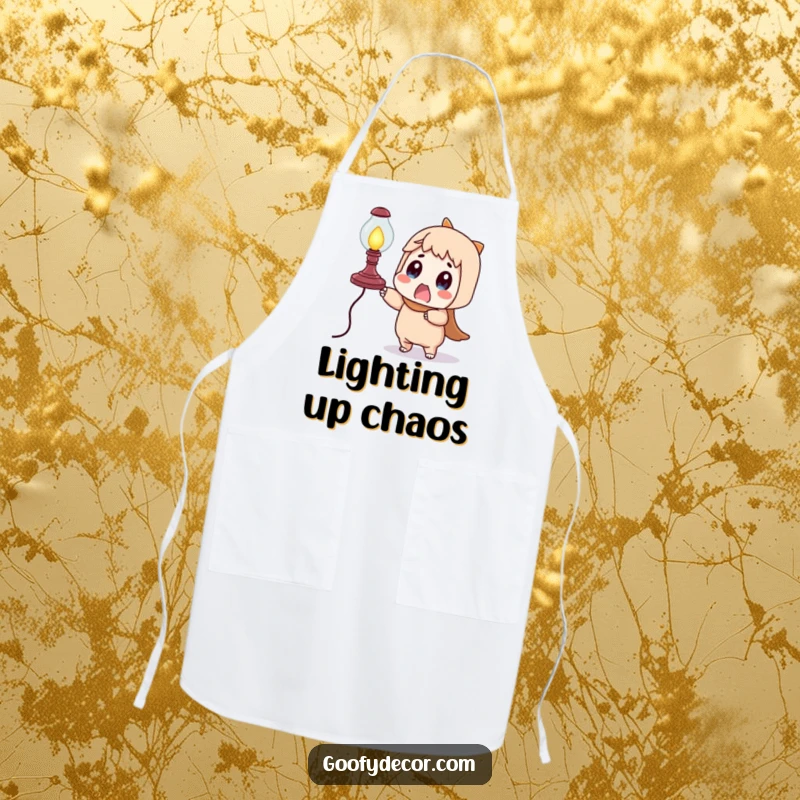 Funny surprised character apron, hilariously stressed by a wobbly lamp, adding comedic flair to kitchen activities.