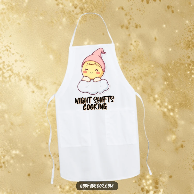 Funny apron showing a happy moon character in a sleep cap, peeking from behind a cloud.