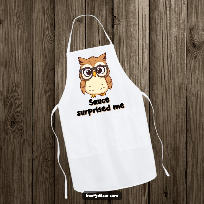 Funny owl wearing reading glasses, looking surprised, on a kitchen apron, great for culinary humor.