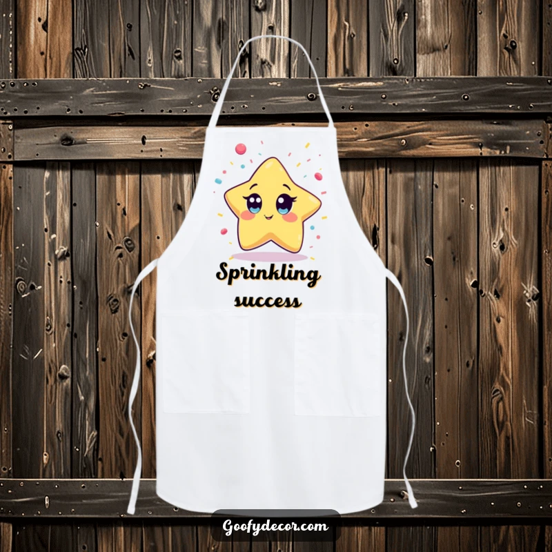 Funny Kawaii Star Apron showcasing a wide-eyed kawaii star character playfully catching falling confetti, ideal for a festive cook.