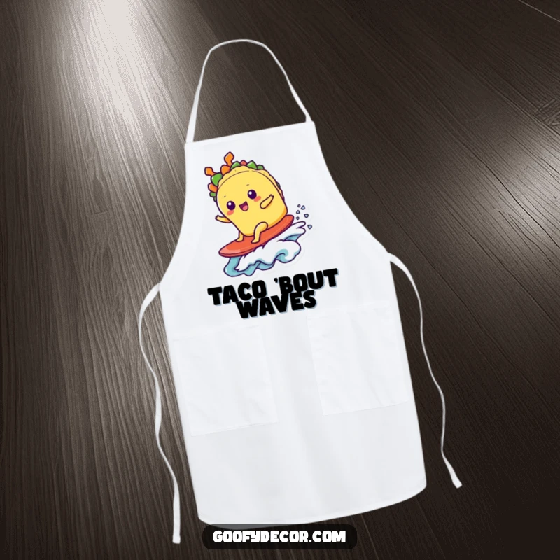 Funny kawaii taco character surfing a wave while wearing a chef's hat on a humorous kitchen apron.
