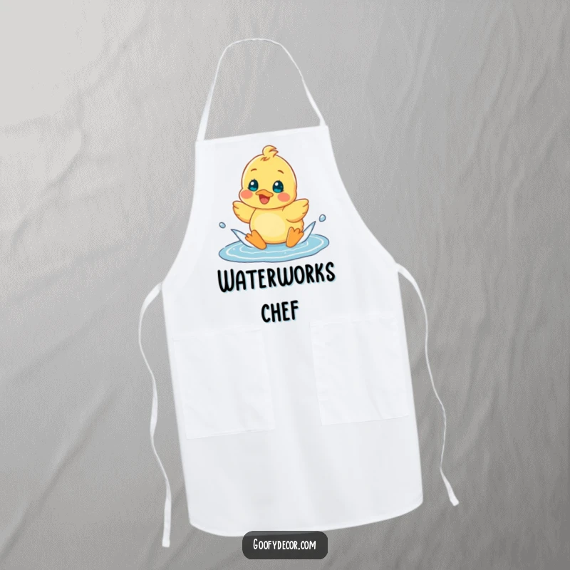 Funny cheerful duckling happily splashing in a puddle on a kitchen apron, perfect for culinary joy.
