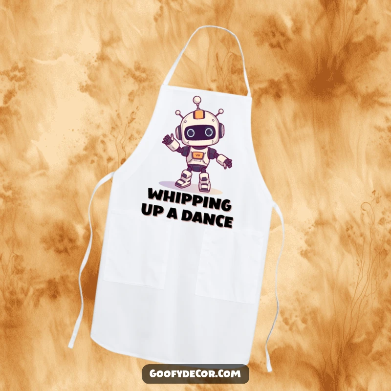 Funny apron adorned with a robot character performing a silly spinning dance, ideal for kitchen fun and protection.