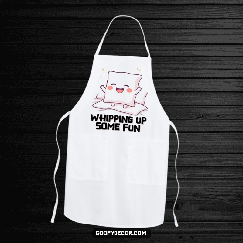 Funny apron featuring a giggling pillow character bouncing happily, designed for kitchen use with a theme of laughter.