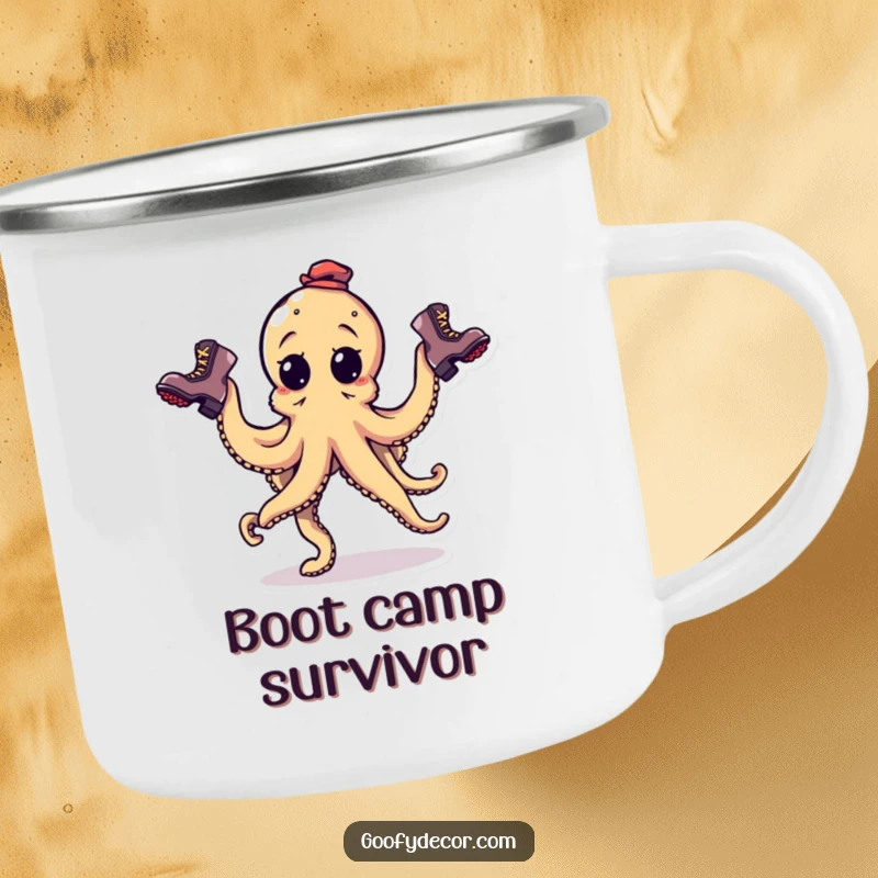 Funny goofy octopus character juggling three mismatched boots on a camping mug, for quirky outdoor fun.
