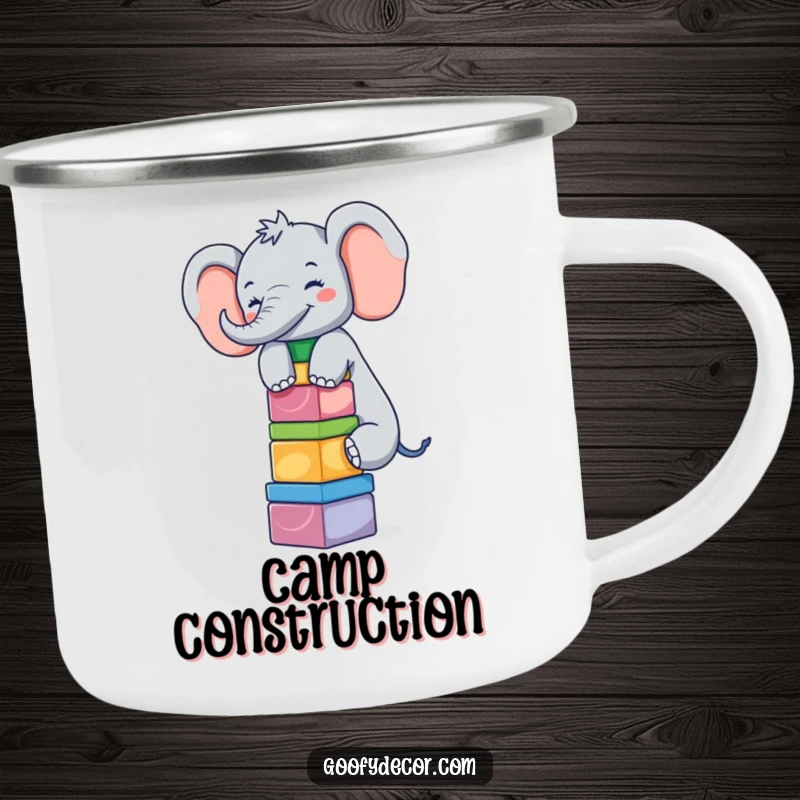 Funny giggling elephant balancing blocks on a durable camping mug, humorous outdoor gear.