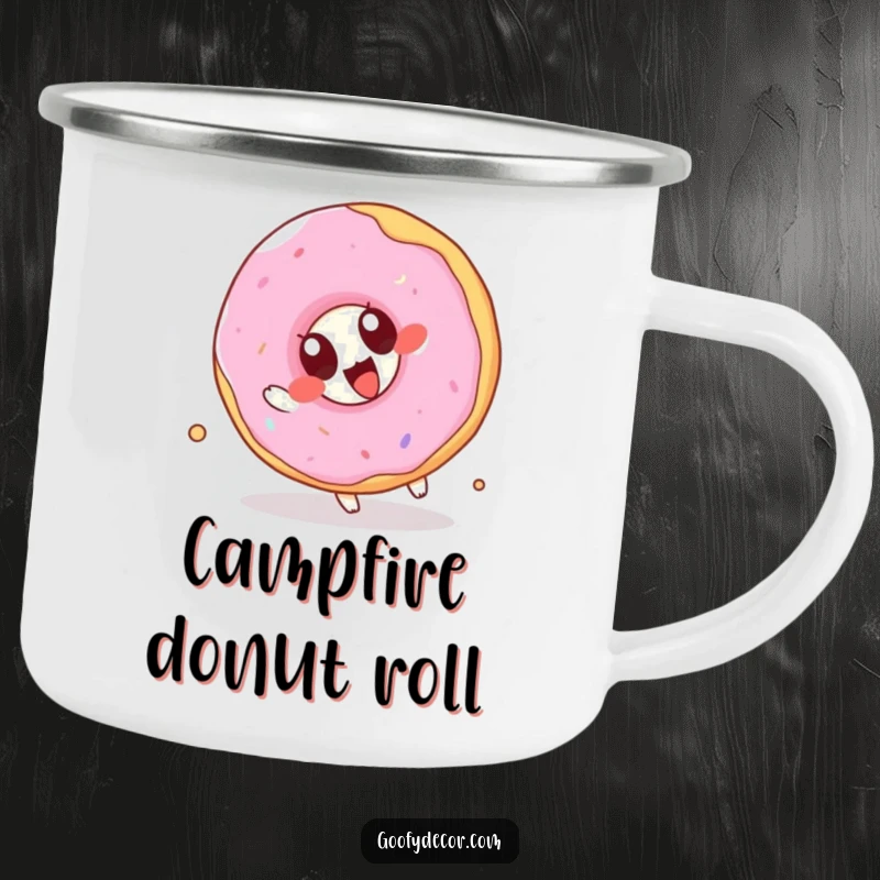Funny Kawaii Donut Camping Mug: Sturdy enamel mug with a cute cartoon donut joyfully attempting a somersault, perfect for outdoor enjoyment.