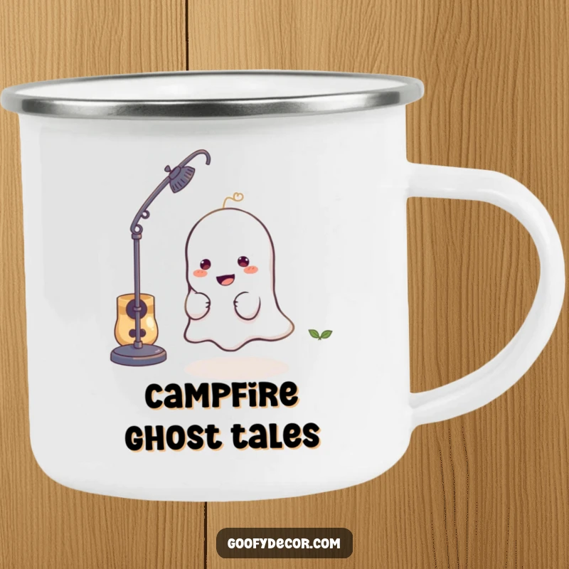 Funny camping mug with a mischievous little ghost character playfully hiding behind a lamp, for spooky outdoor fun.
