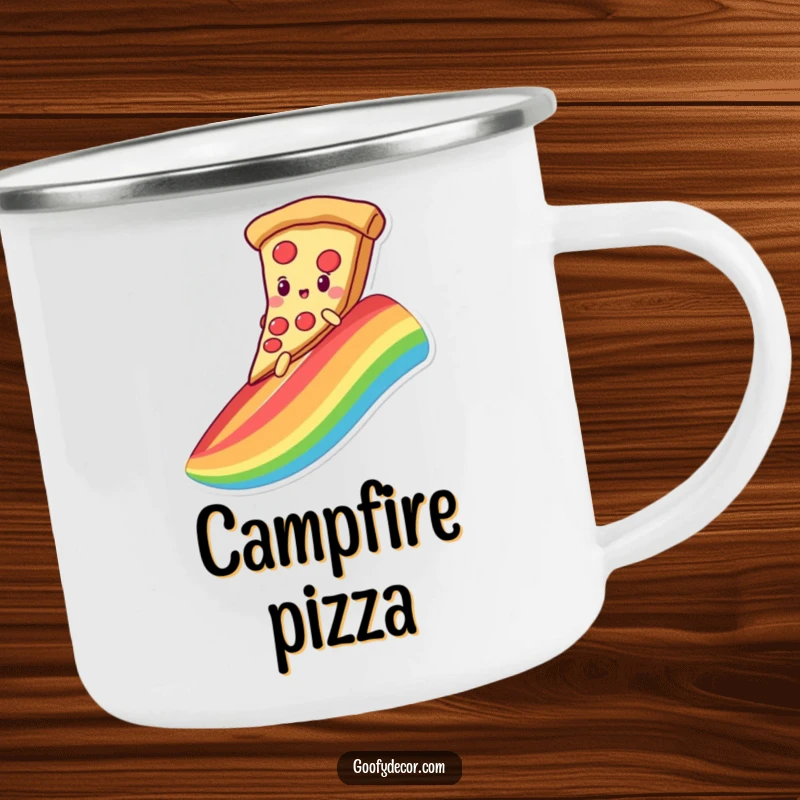 Funny, durable camping mug of a kawaii pizza character sliding down a rainbow on its slice, perfect for outdoor feasts.
