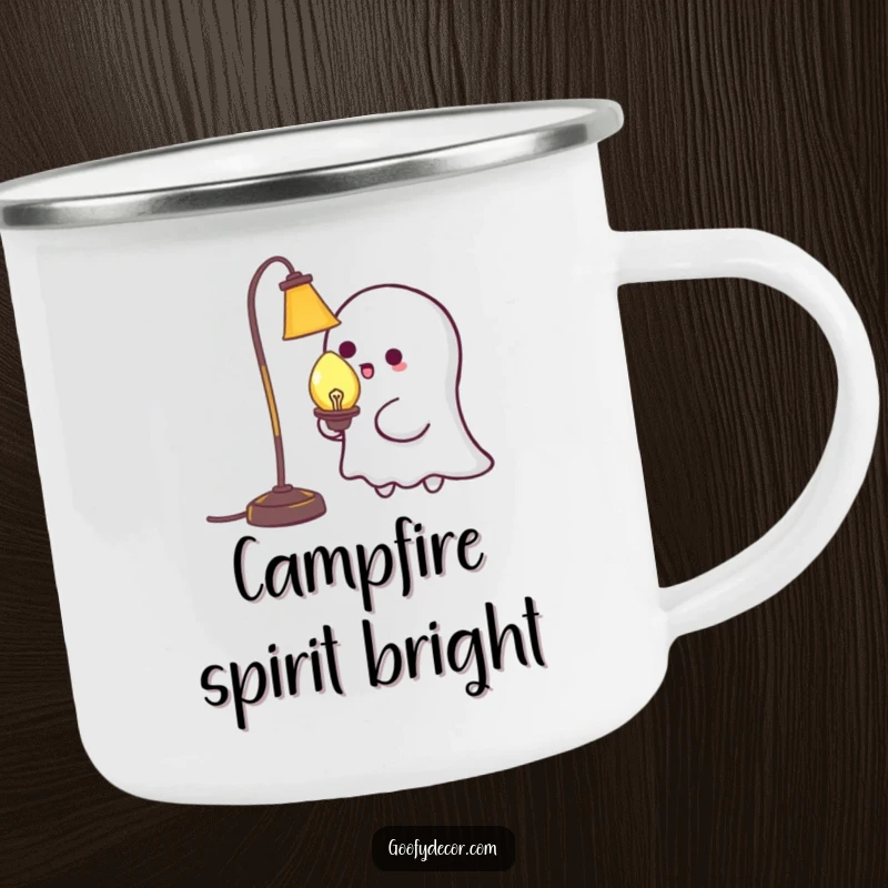 Funny Kawaii Ghost Tickling Lamp Camping Mug: Rugged mug with a cute ghost playfully tickling a lamp, perfect for outdoor adventures and humor. A sturdy funny gift.