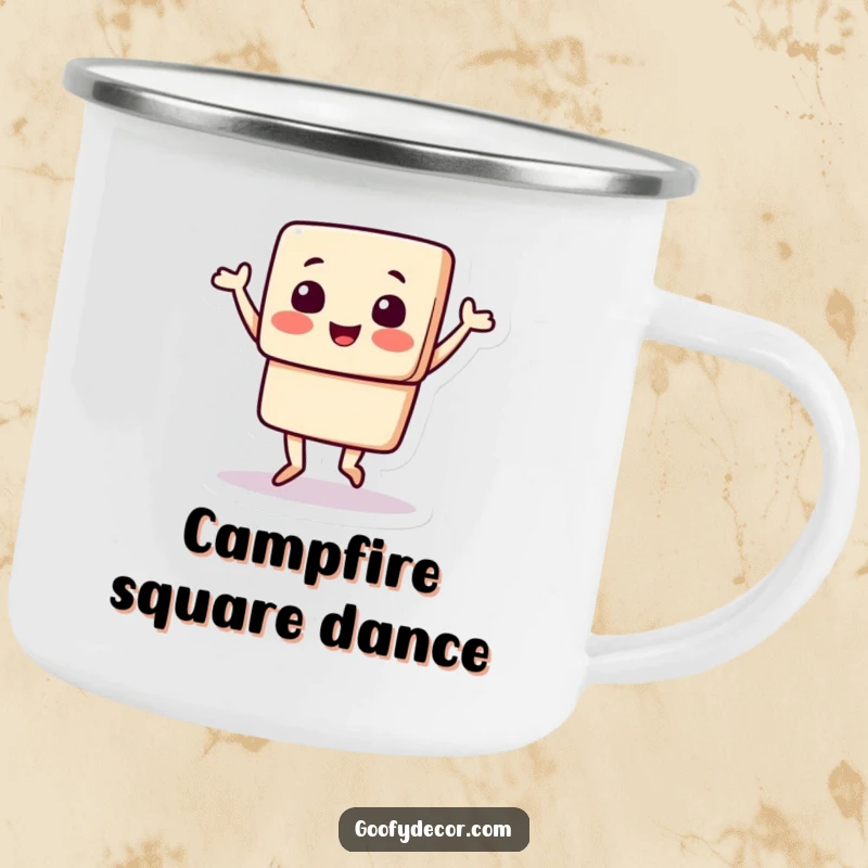 Funny camping mug with a square character joyfully doing a happy jig, ready for outdoor adventures and cheerful morning beverages.