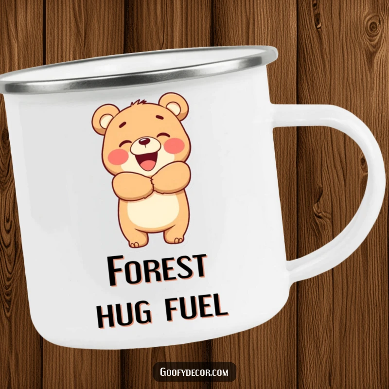 Funny Bear Hug Camping Mug: A smiling bear enthusiastically offers a hug, ready for outdoor sips and campfire comfort.